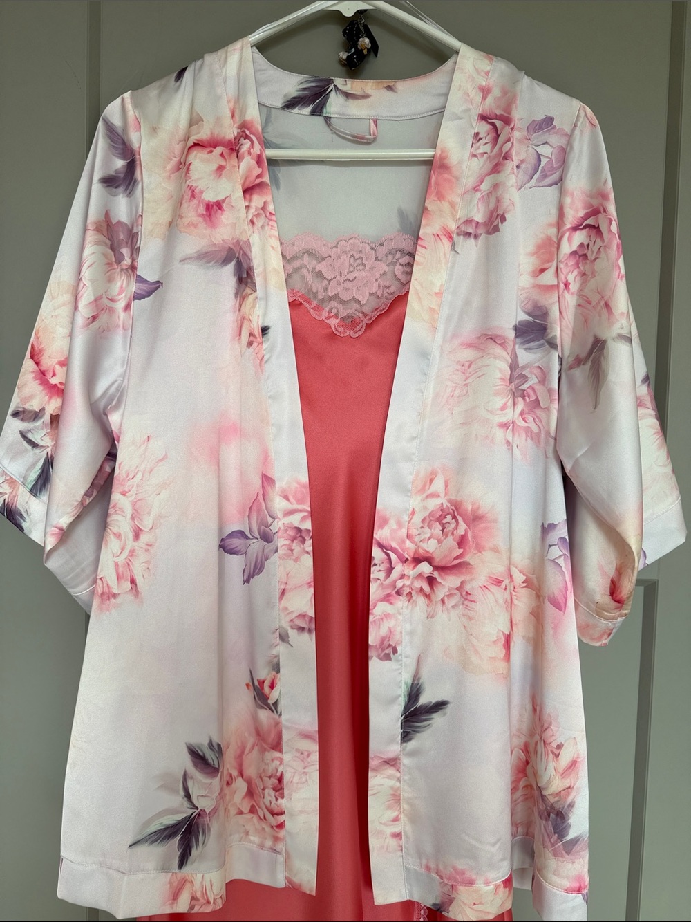 Floral Pink Satin Short Kimono Robe Cover-Up